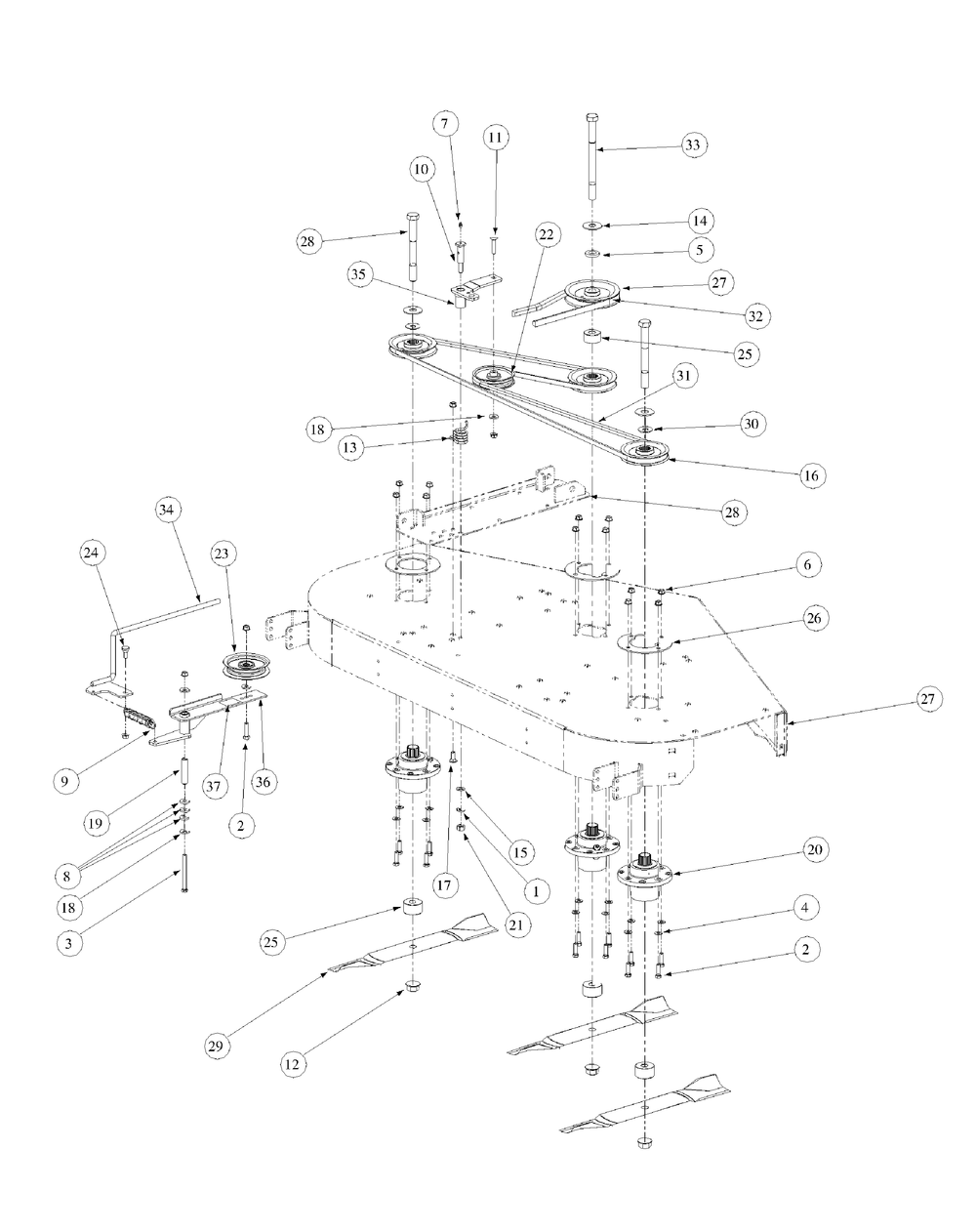 Fabricated Deck Spindle Assembly Diagram and Parts List for M60-KH 53BB5BDX750-27HP-OHV Cub Cadet Lawn Tractor